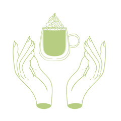 Original hand-drawn glass drink illustration with hands for posters, cards, cafe menus, and graphic design.