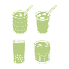 Matcha tea illustration set. Original hand-drawn green tea illustrations of matcha and green tea preparation utensils for posters, cards, cafe menus, and graphic design.