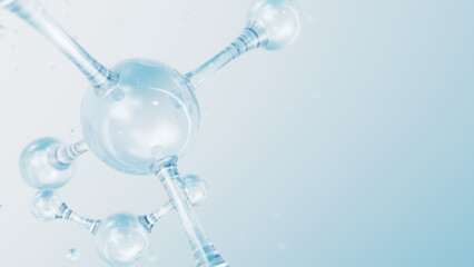 3d Abstract glossy glass molecular structures. Cosmetic collagen serum, moisturizer water, vitamin, hyaluronic acid for skin care. Healthcare concept