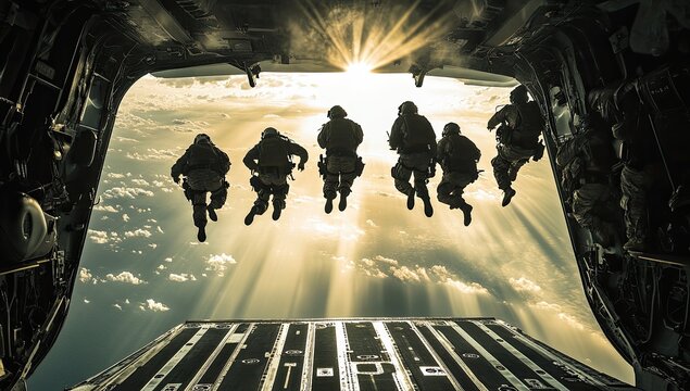 Military personnel parachuting from a large aircraft