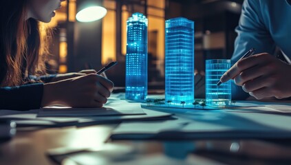 Two people collaborate on architectural models in a dimly lit office
