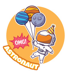 Cartoon astronaut holding planets like baloon for merchandise, great for t-shirt design, and greeting cards
