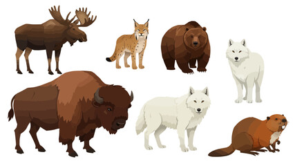 Fototapeta premium Collection of North American Wildlife: Diverse animal icons on a white background