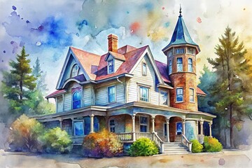 Fototapeta premium Watercolor painting of a victorian style house