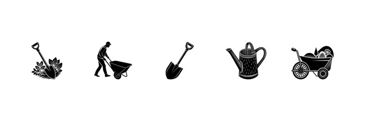 Garden Equipment Black Silhouettes  Farming Tools and Yard Work Icons Design set