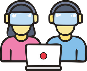 Learnin with virtual reality glasses, female and male figures.
