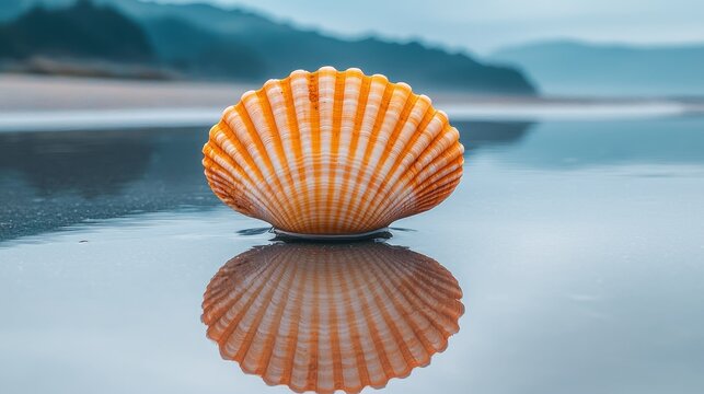 Seashell on wet sand, reflection. Hazy coast background