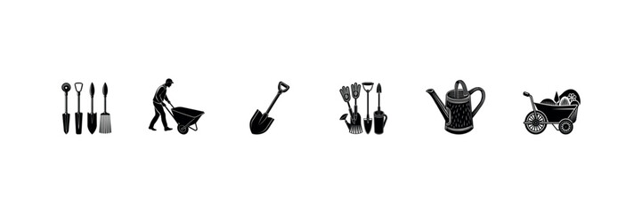 Garden Equipment Black Silhouettes  Farming Tools and Yard Work Icons Design set