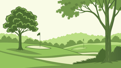 Fototapeta premium Lush Green Golf Course Vector with Flags and Manicured Greens