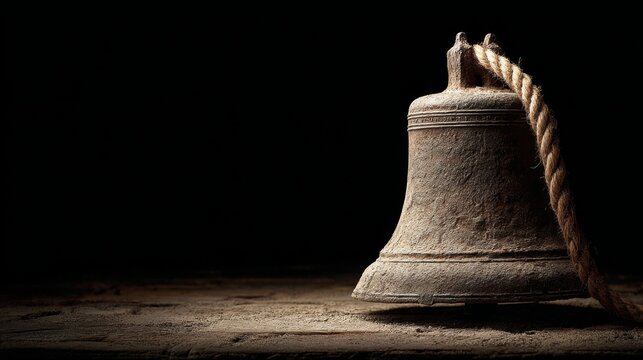 Aged Rusty Metal Bell on Dark Wooden Surface