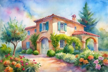 Fototapeta premium Watercolor painting of a mediterranean villa