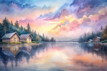 Fototapeta premium Watercolor painting of lakeside cabins at sunset
