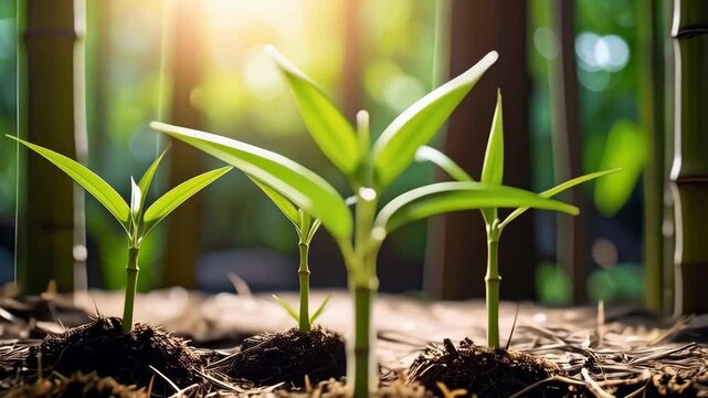 Tiny bamboo seedlings sprouting from soil, backlit by warm sunlight and contrasting against blurred bamboo stalks in the background