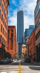 Fototapeta premium Modern City Street Scene with Tall Skyscraper and Historic Buildings