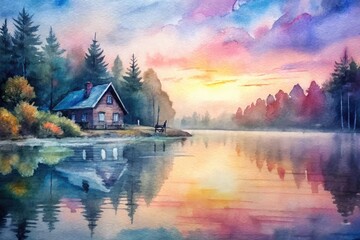 Fototapeta premium Watercolor painting of lakeside cabin at sunset