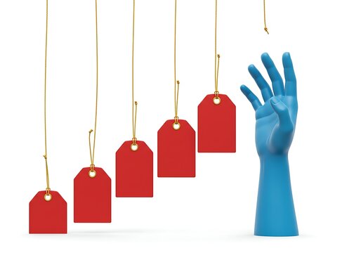 Hanging red tags with blue hand reaching