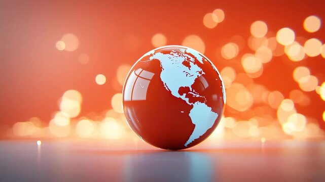 Red globe featuring North and South America reflective surface, with glowing bokeh lights background, highlighting earth, world map, and vibrant light, symbolizing global connection, unity