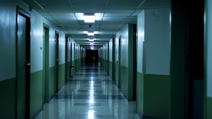 Eerie hospital corridor with flickering lights capturing a haunting atmosphere