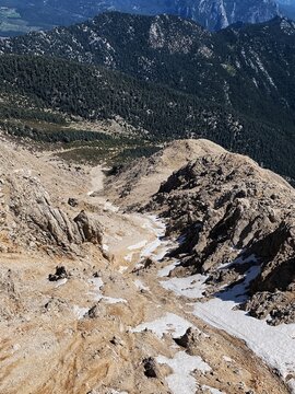 View of the mountains from the peak of Tahtali. Olympos Teleferik, Tahtali 2365m, Kemer, Antalya. Sea to sky.