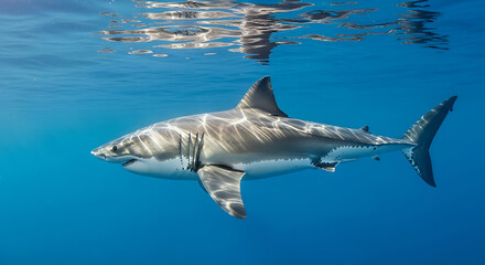 Fototapeta premium Majestic Great White Shark Underwater A Stunning Ocean Predator Photograph