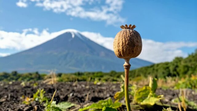 Dried poppy seed pod in field with scenic mountain backdrop under a blue sky