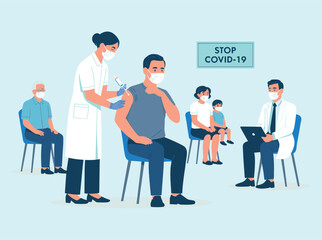 COVID-19 vaccination awareness campaign, healthcare workers giving vaccine, people waiting, doctor consulting, stop coronavirus, pandemic prevention, medical safety, masks