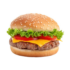 Juicy hamburger with sesame bun, fresh lettuce, tomato slices, and melted cheese on a white background Transparent background or png
