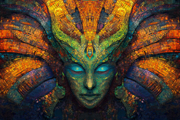 Colorful mosaic face of a woman with closed eyes, abstract and spiritual in a surreal radiant style.