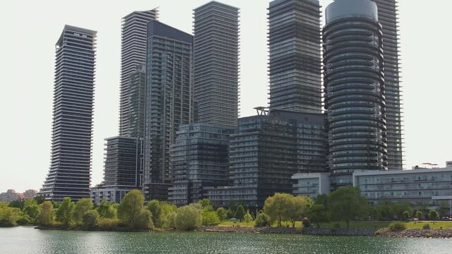 Aerial view of Marine Parade Drive and Lake Shore Boulevard West in Etobicoke near Toronto West downtown, Ontario. Mimico neighbourhood. Lake Ontario waterfront and residential housing developments.