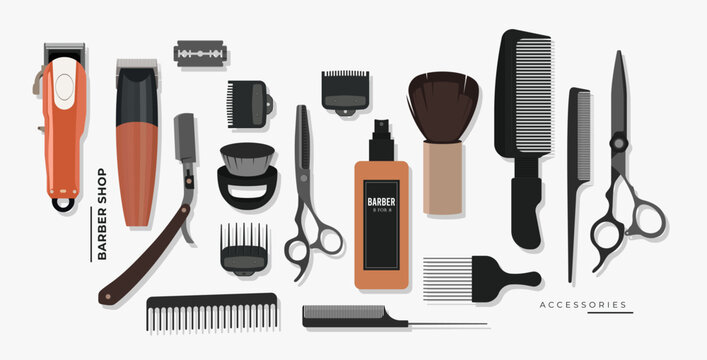 Vector illustration of modern barber tools including clipper, combs, scissors, razor, brush, and grooming products. Perfect for salon branding, barbershop decor, and hair styling themes