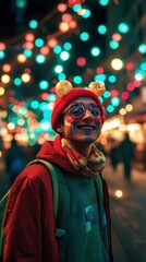 Obraz premium Joyful Young Person in Red Jacket at Night Market with Festive Lights