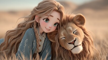 Girl and Lion in Savannah.