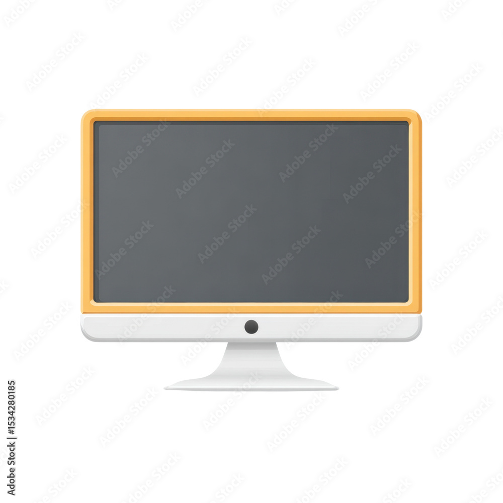 Poster modern desktop computer monitor with orange frame displaying blank screen for creative designs and p