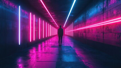 Fototapeta premium Silhouette figure in neon tunnel