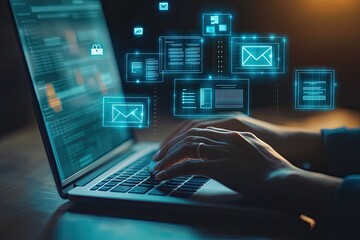 Obraz premium Person typing on a laptop with digital interface elements