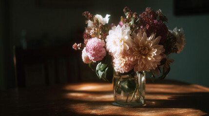 Still life of flowers in a glass vase on a wooden table illuminated by sunlight in a dark room indoors © noz-studio