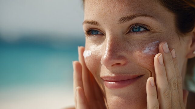 Woman applying sunscreen on her face with ocean backdrop for skincare and sun protection routine