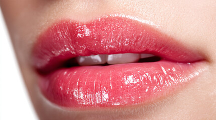 Fototapeta premium A close up shot of a woman's lips with glossy pink lipstick and a glimpse of her white teeth showing