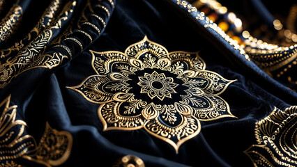 Embossed golden mandala pattern with fine, ornate detail, creating a rich and elegant sacred design.