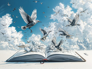 Surreal ink-style birds in flight, blending imagination and fantasy in a vivid, artistic dreamscape.