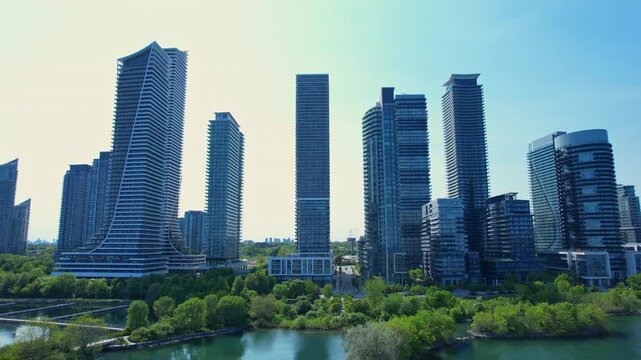 Aerial view of Mimico&rsquo;s waterfront epic cityscape. Summer vibes at Marine Parade and Lake Shore West. Chic condos with stunning lake views, vibrant park, and urban living in Etobicoke near Toronto.