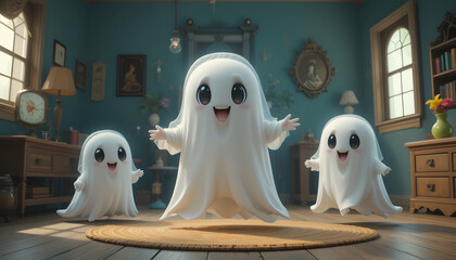 three cute little ghosts in the room 4k pc wallpaper