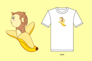 Cute cartoon monkey banana illustration in vector design, with T-shirt mockup. EPS 10