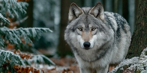 Fototapeta premium Timber Wolf Stares in Snowy Woods