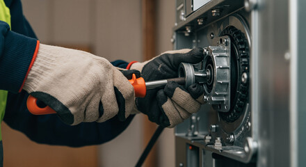 Technician using screwdriver to repair machinery in workshop  