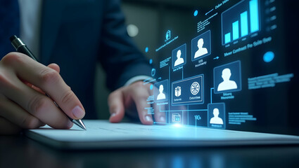 E-Commerce Recruiter verifying candidate profiles using a smart contract approval system with digital documents, blockchain stamps, and secure checkmark overlays in a corporate dashboard (1)