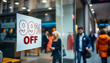 Massive 99% off sale sign displayed in a bustling city shop window, attracting shoppers.