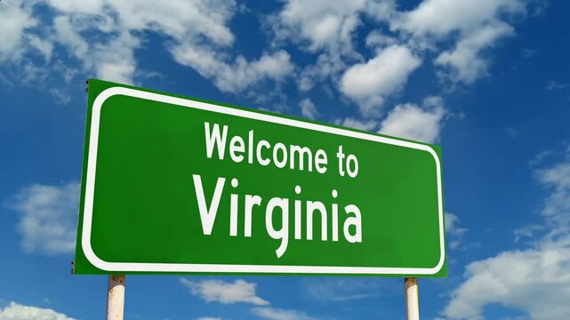 Virginia welcome billboard at the entrance to the state. Welcome To Virginia Green Road Sign.