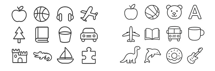 Vector flat illustration showcasing various icons including fruits, animals, vehicles, and objects for educational purposes