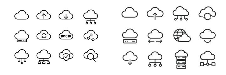 Cloud computing vector flat illustration featuring various cloud icons and symbols for digital storage and data transfer